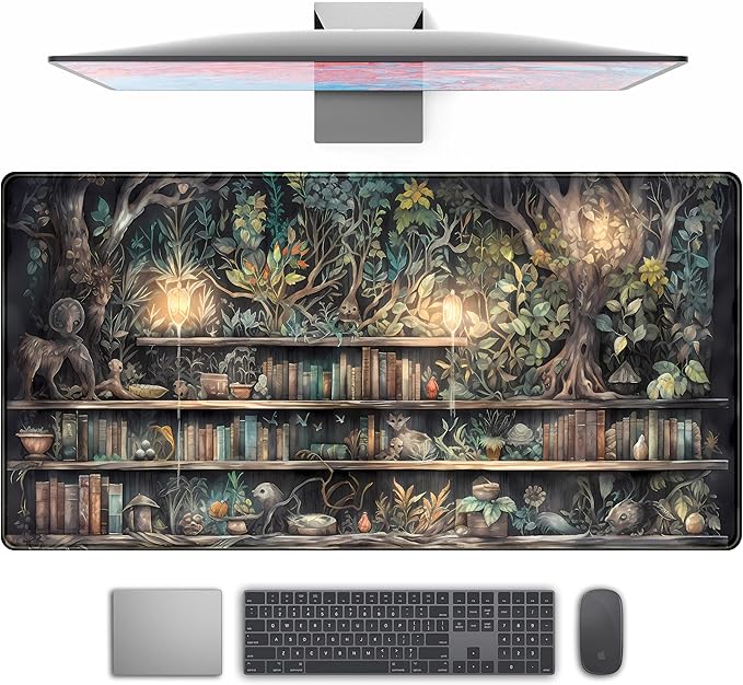 Forest Library Book Mouse Pad Desk Mat, Mystical Green Tree House XXL Extended Large Gaming Desk Pad Mousepad Computer Laptop Keyboard and Mouse Mat, Office Desk Decor Pad for Women 31.5x15.7 in by TENG+DA+QING