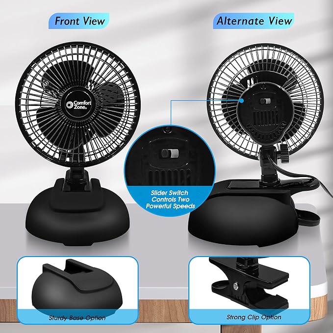Comfort Zone CZ6XMBK 6” 2-Speed Combo Clip or Desk Fan with Removable Base, Strong Clamp for Firm Grip, Suitable for Bedroom, Office, or Dorm Room, Black - Image 9
