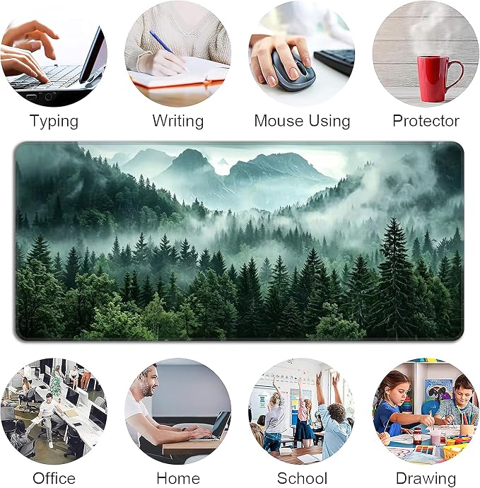 Green Misty Forest Desk Mat, XXL 35.4"x15.7" Large Mouse Pad, Mountains Extended Gaming Mouse Mat,Non-Slip Rubber Base Waterproof with Stitched Edges for Gaming Office Home Decor - Image 6