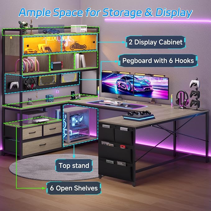busyeah U-Shaped Gaming Desk with Storage Shelves & 3 Drawers, Oak Gray | Reversible Computer Desk with LED Lights & Charging Station, Gaming Desk with Hutch and Pegboard for Home Office, Gamers - Image 3