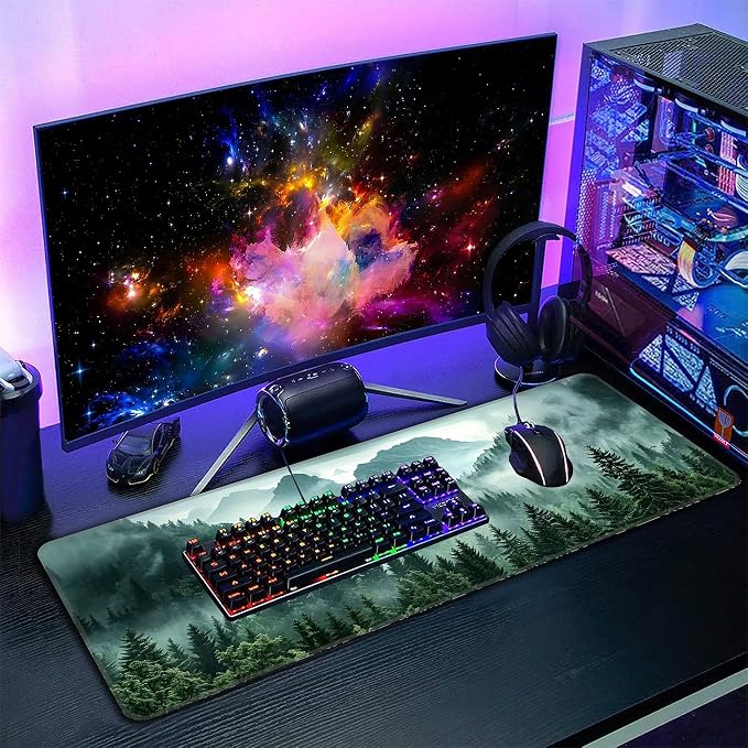 Green Misty Forest Desk Mat, XL 31.5"x11.8" Large Mouse Pad, Mountains Extended Gaming Mouse Mat,Non-Slip Rubber Base Waterproof with Stitched Edges for Gaming Office Home Decor - Image 7