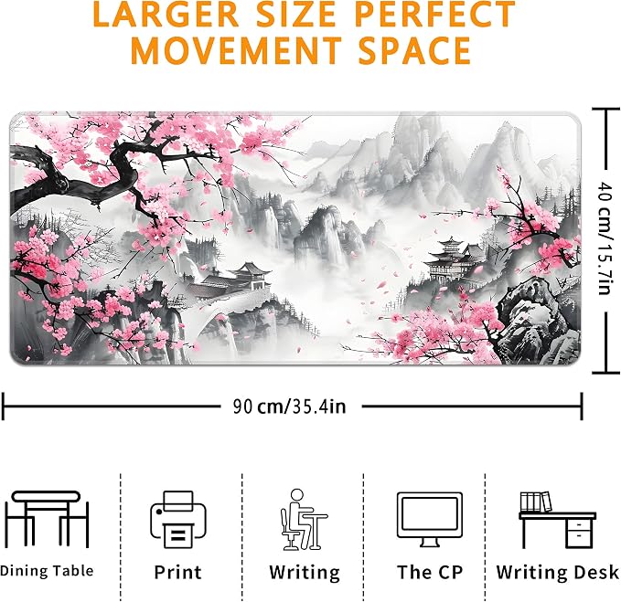 Japanese Watercolor Cherry Blossoms Desk Mat, XXL 35.4"x15.7" Large Mouse Pad, Pink Sakura Extended Gaming Mouse Mat,Non-Slip Rubber Base Waterproof with Stitched Edges for Gaming Office Home Decor - Image 3