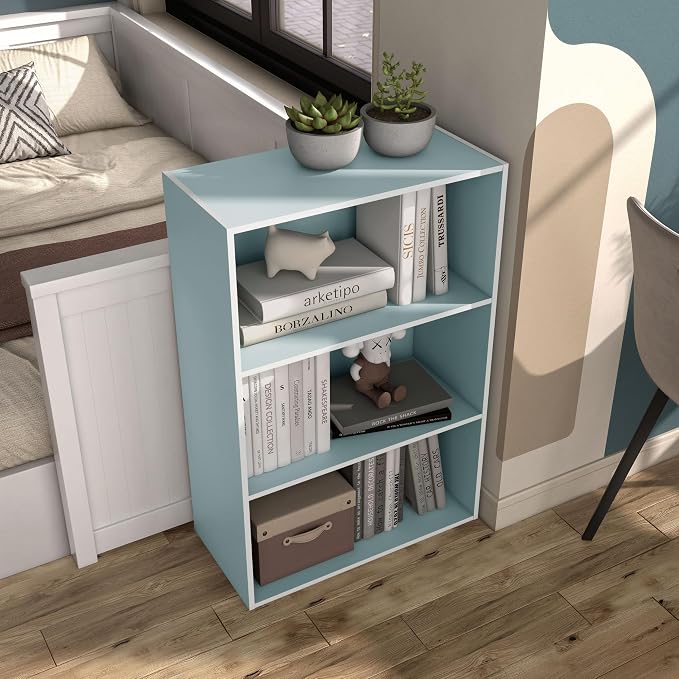 Homes: Inside + Out Apexa 3-Tier Cube Storage Organizer Shelves, Stackable Wood Bookcase Fits Cubby Bins for Organization, Dorm Teen Room Decor & Home Office, Light Blue - Image 9