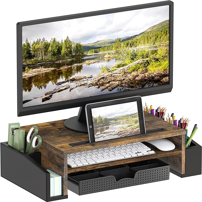 Simple Houseware Desk Monitor Stand Riser w/ Adjustable Tray, Rustic Brown | Built-In Tablet Slot and Side Storage by SimpleHouseware