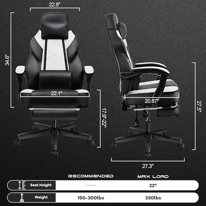Big and Tall Gaming Chair for Adults, Heavy Duty Computer Chair with Footrest, Video Game Chair, Massage Lumbar Support, Wide Seat High Back Reclining Desk Chair, White - Image 3