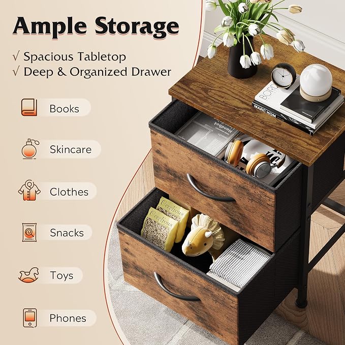 WLIVE Night Stand, Small Dresser with 2 Drawers & Wooden Top, Nightstand with Fabric Bins, Bedside Table End Table for Bedroom, Closet, Entryway, College Dorm, Rustic Brown - Image 4