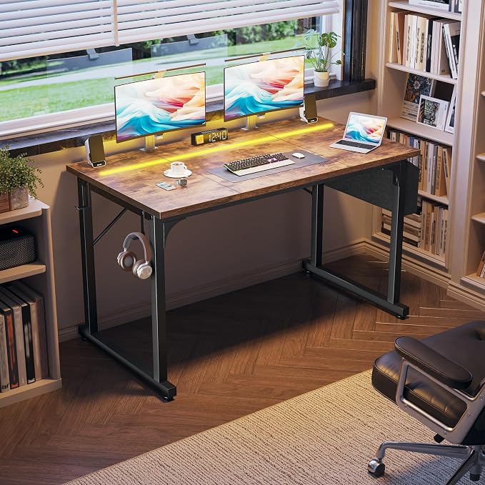 DurayLoly 48" Computer Desk with Waterproof LED Lights for Bedroom,Brown - Image 7