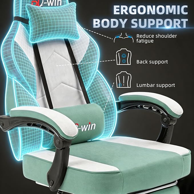 Shintenchi Big and Tall Gaming Chair Fabric Pocket Spring Cushion,High Back Recliner with Footrest and Headrest for Adults, Massage Lumbar Support for Home Office, Ergonomic Computer Desk Chair, Green - Image 4