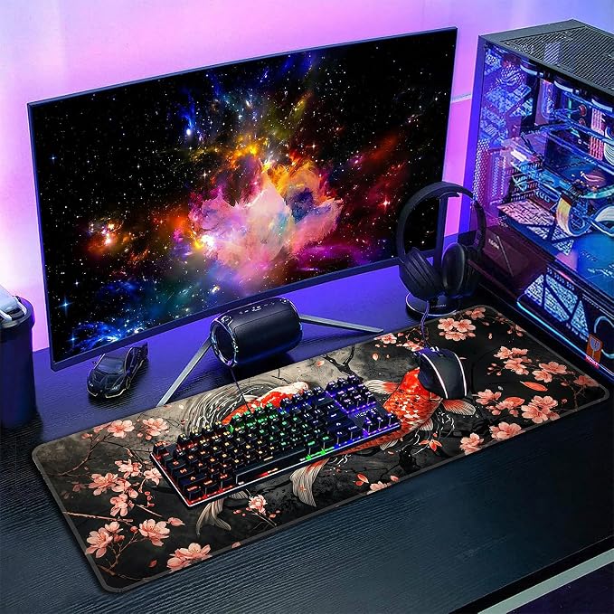 Koi Fish Desk Mat, XL 31.5"x11.8" Large Mouse Pad, Japanese Cherry Blossoms Extended Gaming Mouse Mat,Non-Slip Rubber Base Waterproof with Stitched Edges for Gaming Office Home Decor - Image 7