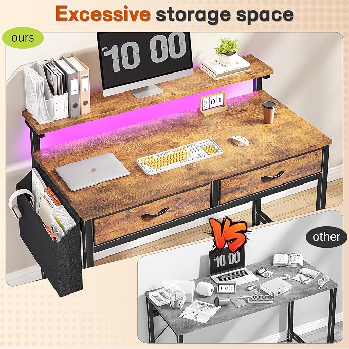 DurayLoly Gaming Desk with 2 Drawers &LED Lights,Space Saving,Rustic Brown - Image 7