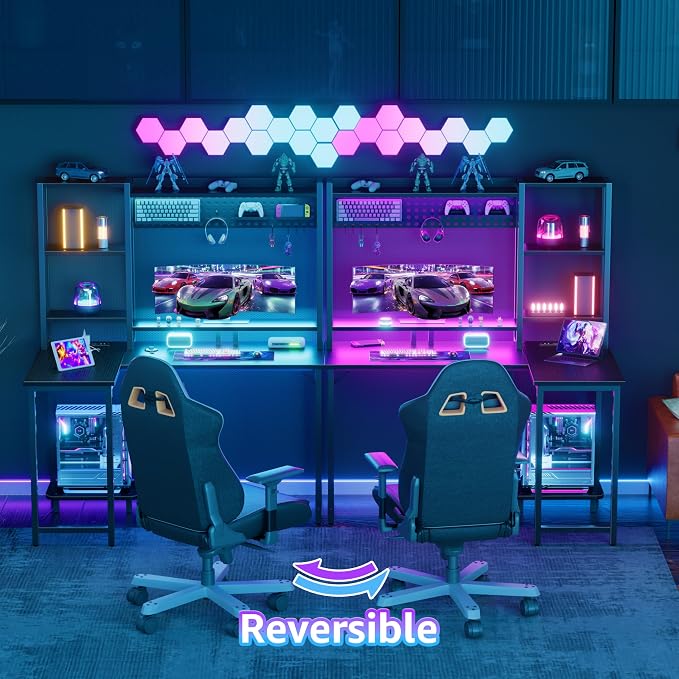 L Shaped Desk with Hutch - 48 inch Corner Computer Gaming Desks with Storage Shelves Reversible Pegboard Led Lights Power Outlets PC Monitor Stand for Bedroom, Black - Image 6