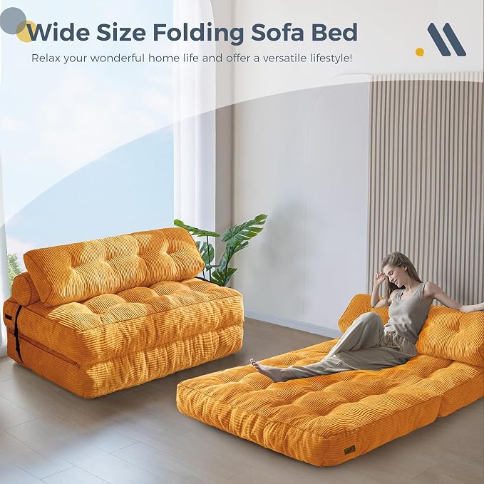 MAXYOYO Folding Sofa Bed, Convertible Chair Bed with Pillow | Foldable Couch with Back Support, Portable Fold Out Chair Comfy Floor Sofa for Living Room Bedroom, Orange, Double - Image 7