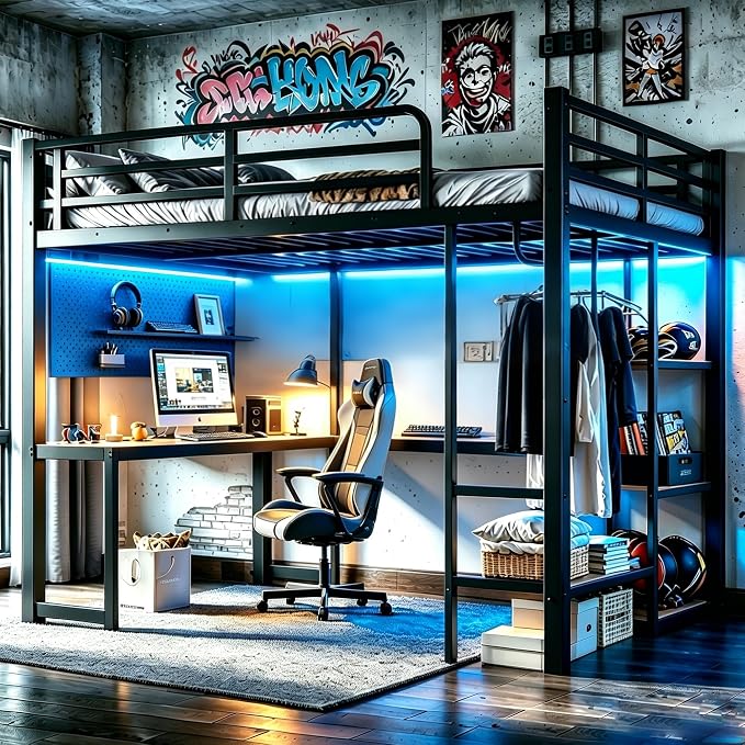 Bellemave Full Size Gaming Loft Bed with Desk, Peg Board, RGB Lights & USB Ports, Metal Full Loft Bed Frame with Storage Shelves & Hanging Rod for Teens Adults, Black - Image 6