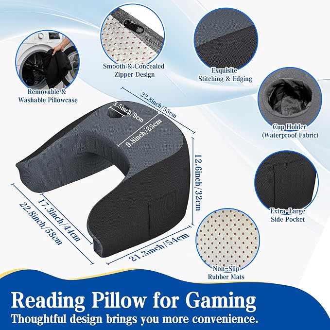 Reading Pillow for Gaming, Ergonomic Memory Foam Lap Desk Pillow | Cup Holder & Pocket, Large Non-Slip Bottom Arm Rest Pillow for Working, Crocheting in Bed, Couch, Floor (Deep Grey) - Image 5
