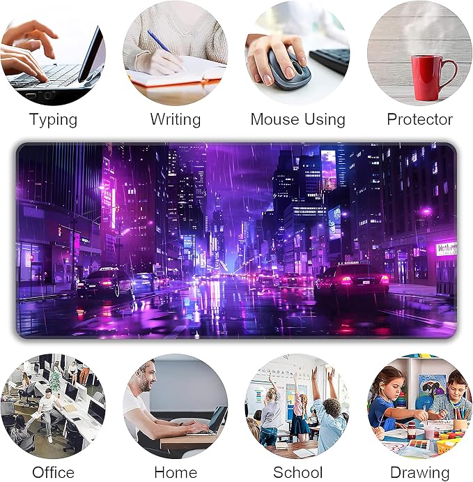 Cyberpunk Desk Mat, XXL 35.4"x15.7" Large Mouse Pad, Japanese Streets Extended Gaming Mouse Mat,Non-Slip Rubber Base Waterproof with Stitched Edges for Gaming Office Home Decor - Image 6