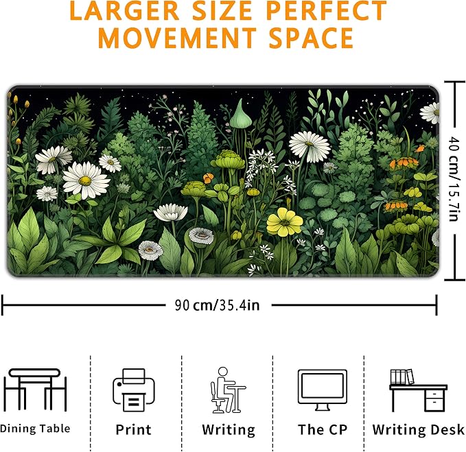 Green Vintage Plants Desk Mat, XXL 35.4"x15.7" Large Mouse Pad, Wildflowers Extended Gaming Mouse Mat,Non-Slip Rubber Base Waterproof with Stitched Edges for Gaming Office Home Decor - Image 3