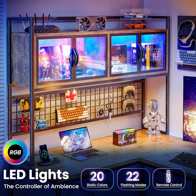 DurayLoly 67" L Shaped Gaming Corner Desk with LED Light, Hutch,Brown | Reversible Computer Desk with 2 Drawers,Storage Shelves,Pegboard with 3 Hooks,Power Outlet for Home Office,Bedroom - Image 7