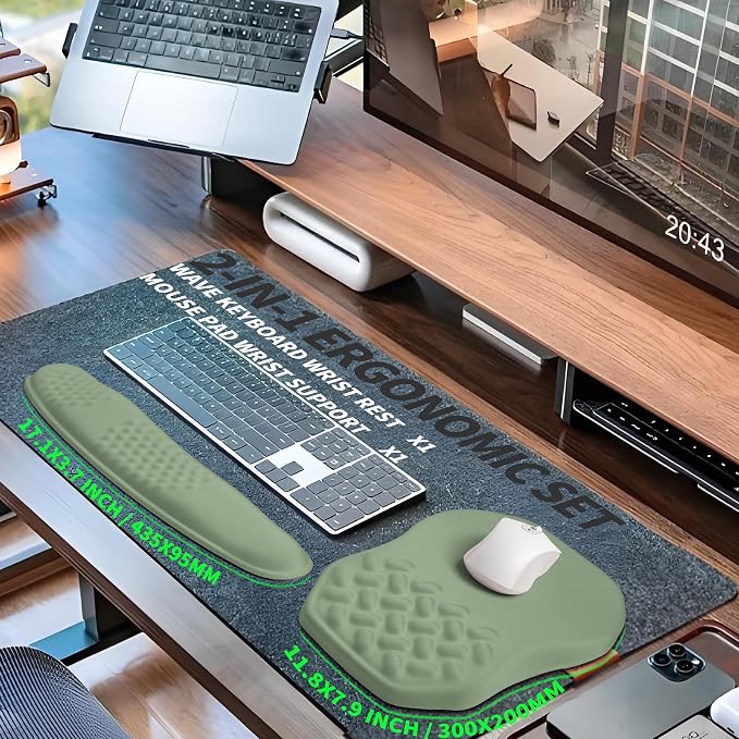 2-in-1 Ergonomic Set, Wave Keyboard Wrist Rest and Massage Slope Mouse Pad Wrist Support, Rebound Memory Foam for Relieve Carpal Tunnel Syndrome and Wrist Pain (Olive Green) - Image 5