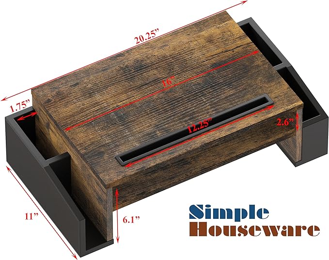 Simple Houseware Desk Monitor Stand Riser w/ Adjustable Tray, Rustic Brown | Built-In Tablet Slot and Side Storage - Image 4