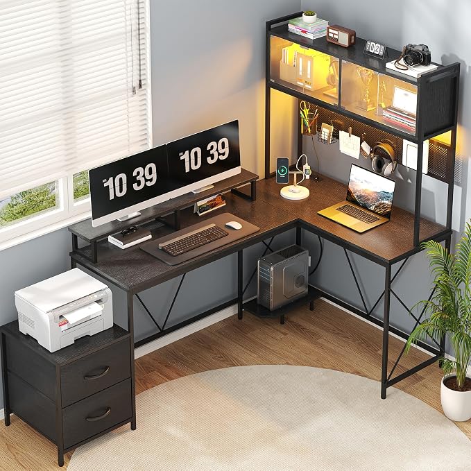 kepptory L Shaped Gaming Desk with 2 Drawers and Hutch, Home Office Computer Desk with Computer Stand and Pegboard, Corner Desk with Printer Desktop&Power Outlet, Black by kepptory