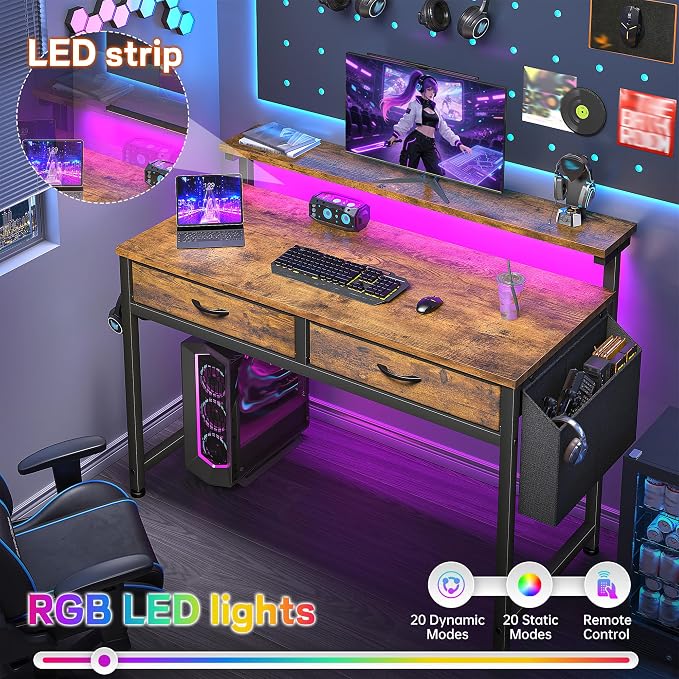 DurayLoly Gaming Desk with 2 Drawers &LED Lights,Space Saving,Rustic Brown - Image 5