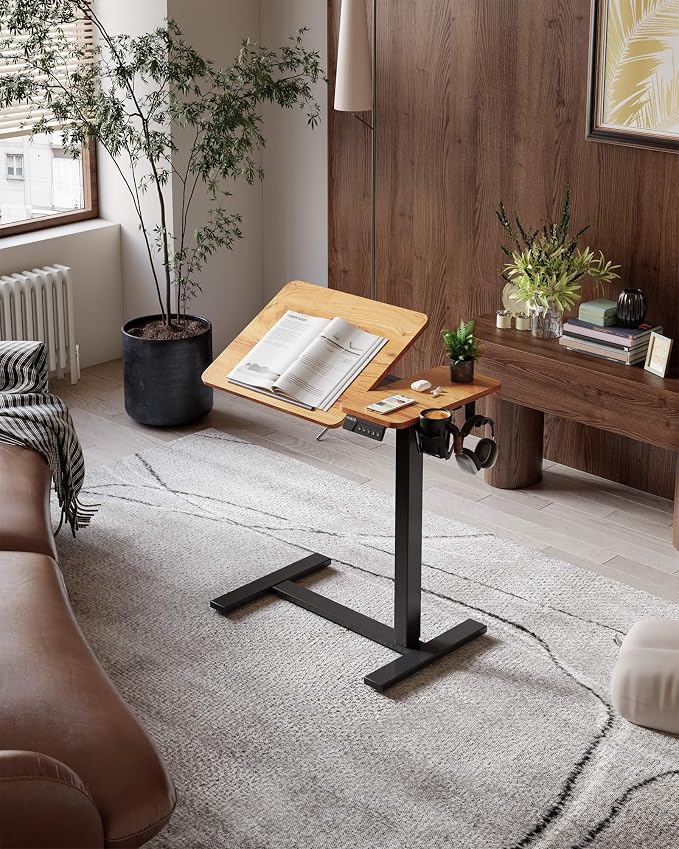 YIHAYO Adjustable Overbed Bedside Table with Wheels, 28 x 16 Inches Electric Mobile Standing Desk, Laptop Desk, Movable Overbed Tables Hospital Home Use, Rustic Brown - Image 2