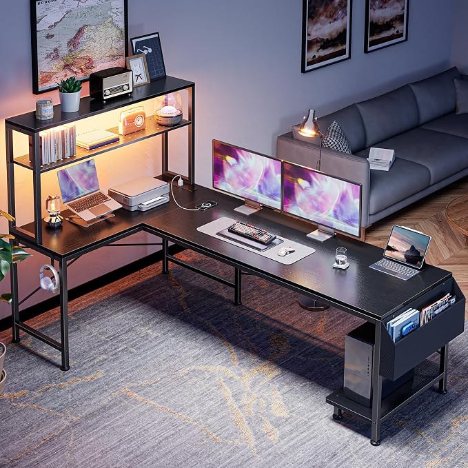 PRAISUN L Shaped Gaming Desk with LED Lights & Power Outlets | Reversible Computer Desk with Storage Shelves & Bag, Large Corner Home Office Desk with Pegboard for Work from Home, Black - Image 7