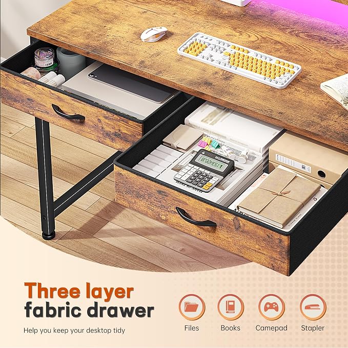 DurayLoly Gaming Desk with 2 Drawers &LED Lights,Space Saving,Rustic Brown - Image 3
