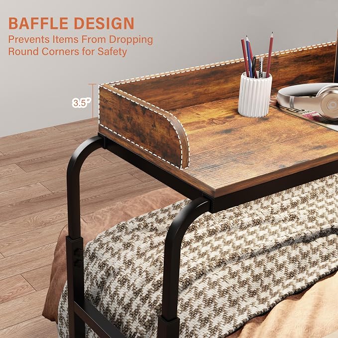 Overbed Table with Wheels, Mobile Bed Table with Adjustable Height Length, Desk for Bed Queen King Size with Charging Station and LED Light, Rolling Table for Eating, Laptops, Hospitals - Image 7