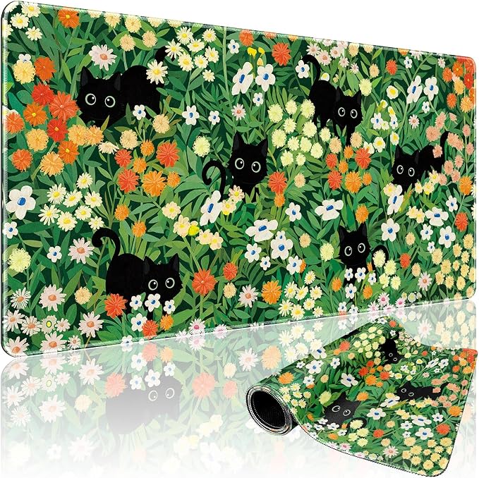 Cute Flower Cat Large Gaming Mouse Pad Desk Mat 31.5"x15.7" | Extended Mousepad, Non-Slip Rubber Base , Stitched Edges, for Computer/Laptop/Office/Home by Mcapirivo