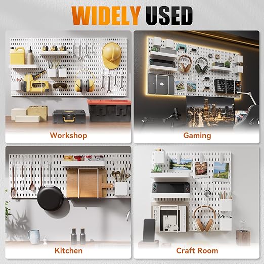 Wall Organizer Set 4 Pack 11"x11" No-Drill Peg Board Pannels with 16 Hooks & Bins Modular Pegboard Wall Organization for Gaming room Home Office Craft Room and Kitchen, White - Image 6
