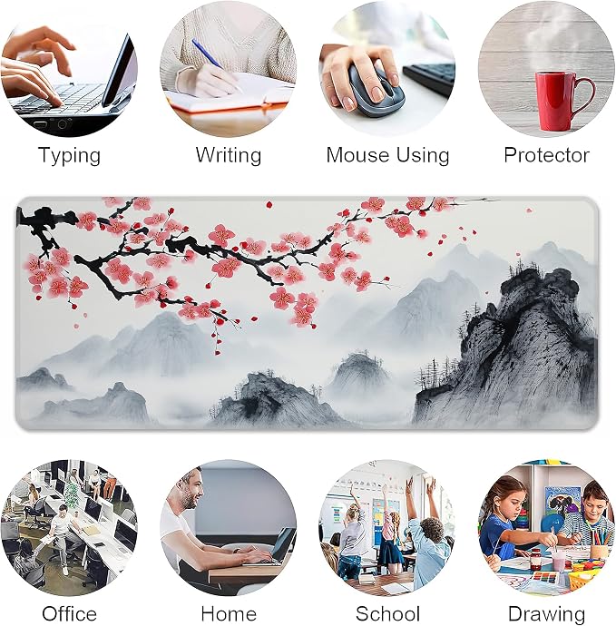 Japanese Watercolor Cherry Blossoms Desk Mat, XL 31.5"x11.8" Large Mouse Pad, Sakura Extended Gaming Mouse Mat,Non-Slip Rubber Base Waterproof with Stitched Edges for Gaming Office Home Decor - Image 6