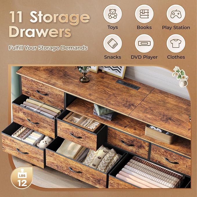 Huuger 70 Inch TV Stand for 75, 80 Inch TV, 11 Drawer Long Dresser with Power Outlets and LED Lights, Entertainment Center with Storage, Rustic Brown Dresser with Printed Surface - Image 6