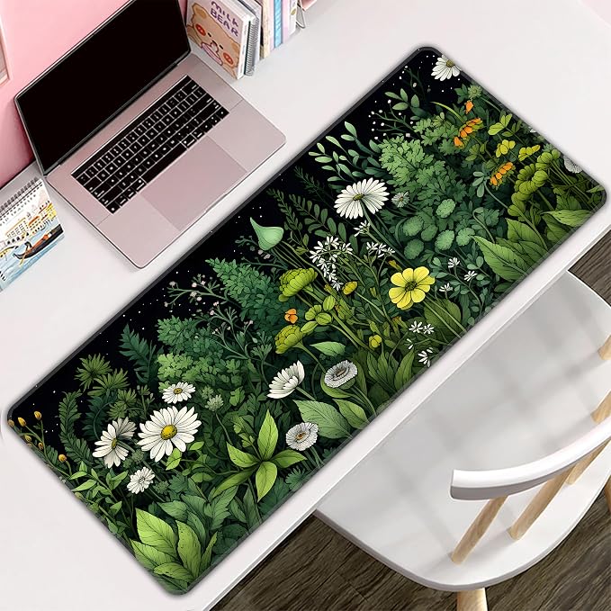 Green Vintage Plants Desk Mat, XXL 35.4"x15.7" Large Mouse Pad, Wildflowers Extended Gaming Mouse Mat,Non-Slip Rubber Base Waterproof with Stitched Edges for Gaming Office Home Decor - Image 8
