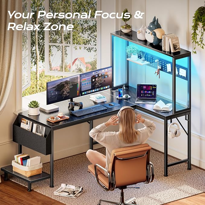 PRAISUN L Shaped Gaming Desk with LED Lights & Power Outlets | Reversible Computer Desk with Storage Shelves & Bag, Large Corner Home Office Desk for Work from Home, Carbon Fiber Black - Image 6