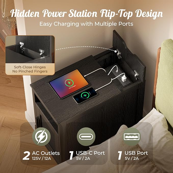 Huuger Narrow Night Stand Set of 2, End Table with Charging Station, USB-C Port, Rattan Side Table with Cabinet and Open Shelf, Synthetic Rattan, for Small Spaces, Bedroom, Black - Image 5