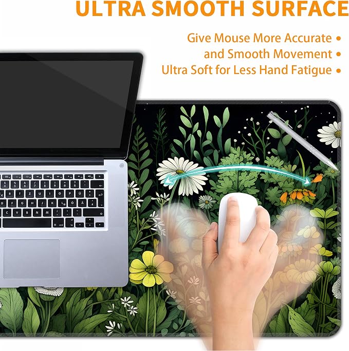Green Vintage Plants Desk Mat, XXL 35.4"x15.7" Large Mouse Pad, Wildflowers Extended Gaming Mouse Mat,Non-Slip Rubber Base Waterproof with Stitched Edges for Gaming Office Home Decor - Image 5