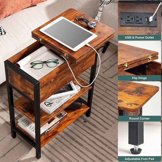 Yoobure End Table with Charging Station, Flip Top Side Table with USB Ports and Outlets, Sofa Couch Table Bedside Table for Living Room Bedroom, Narrow Nightstand with Storage Shelves for Small Space - Image 4