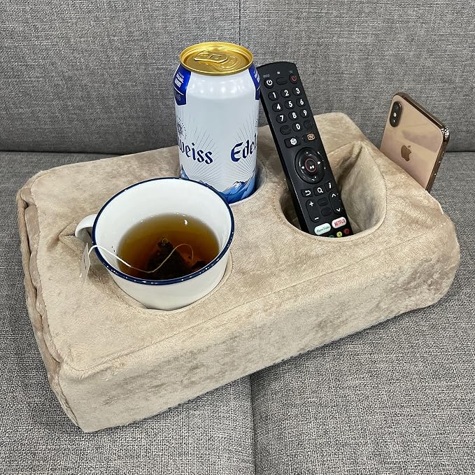 Couch Cup Holder Pillow, Couch Drinks Remotes Holder for Center of Couch, for Sofa, Bed, RV, Car (Beige) by Xchouxer