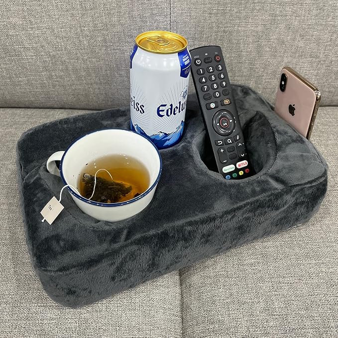 Couch Cup Holder Pillow, Couch Drinks Remotes Holder for Center of Couch, for Sofa, Bed, RV, Car (Gray) by Xchouxer