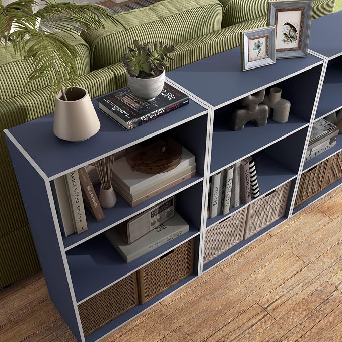 Homes: Inside + Out Apexa 3-Tier Cube Storage Organizer Shelves, Stackable Wood Bookcase Fits Cubby Bins for Organization, Dorm Teen Room Decor & Home Office, Steel Blue - Image 13