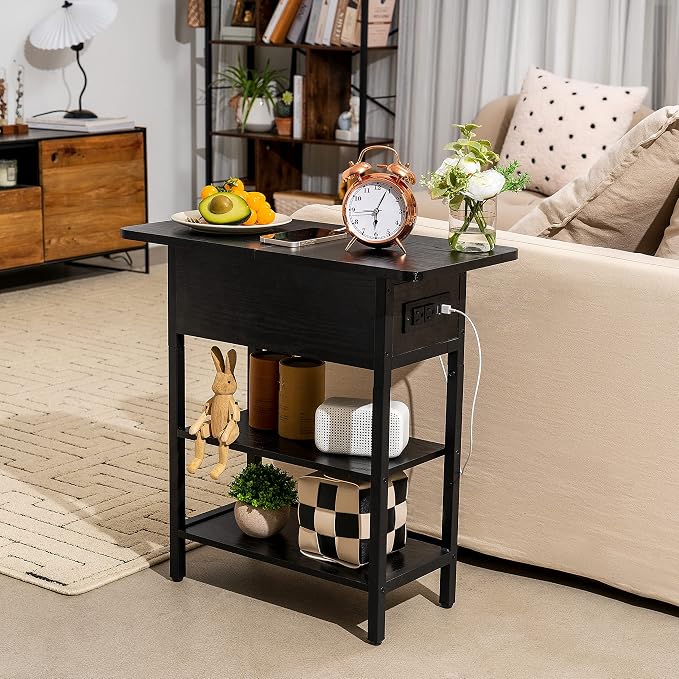 Yoobure End Table with Charging Station, Flip Top Side Table with USB Ports and Outlets, Sofa Couch Table Bedside Table for Living Room Bedroom, Narrow Nightstand with Storage Shelves for Small Space - Image 8